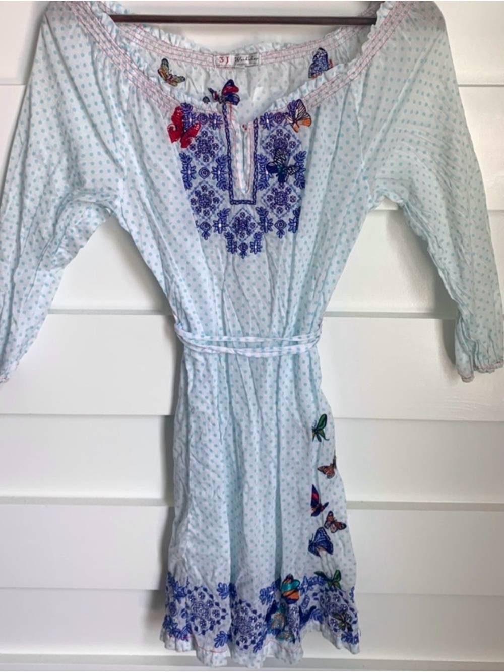 NEW Johnny Was Light Blue Mini Dress with Multicolor Butterfly Embroidery